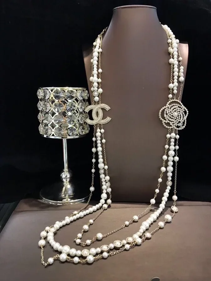Chanel Multilayered Pearl And Camellia Long Necklace Gold Hardware