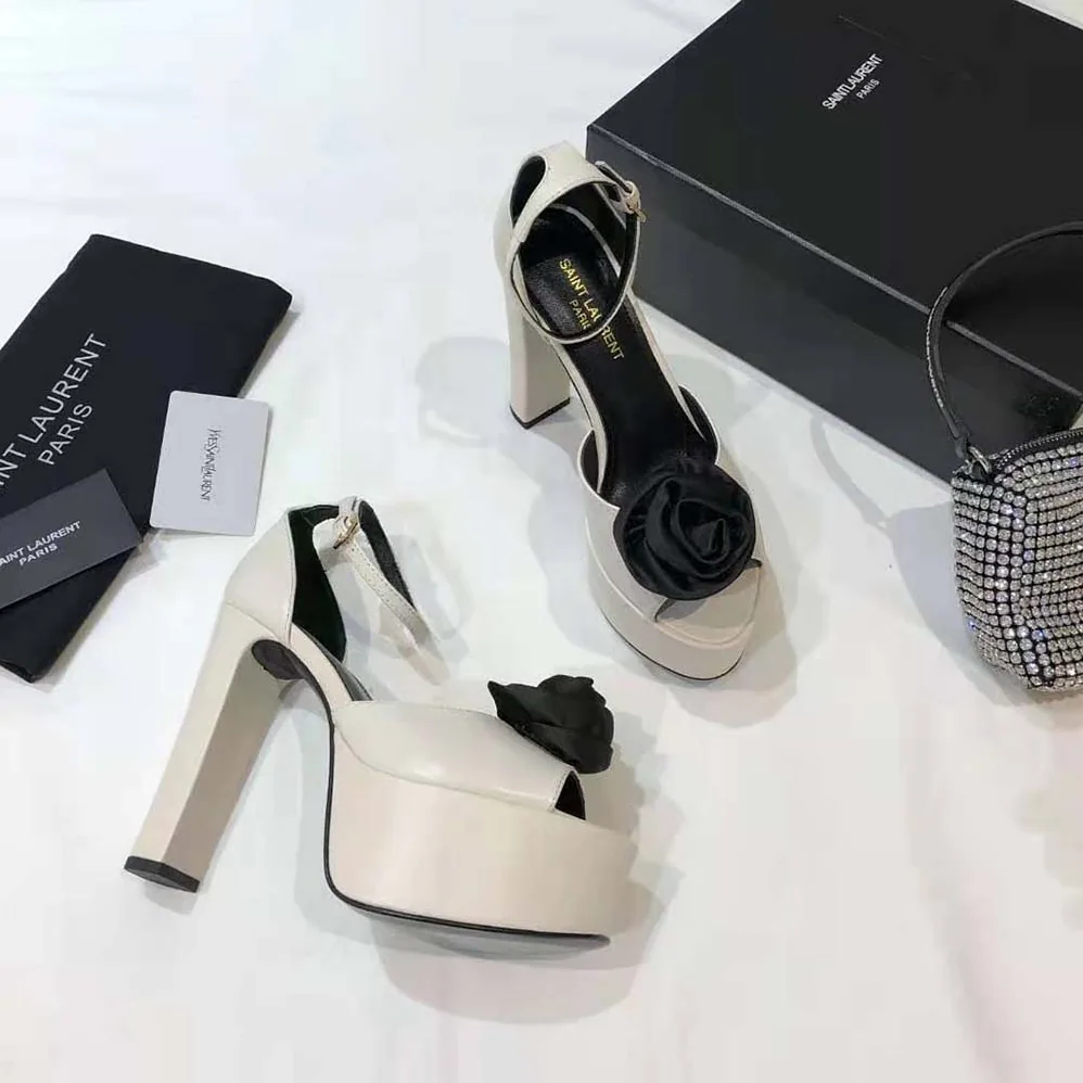 Saint Laurent YSL Jodie Platform Sandals in Smooth Leather with Silk Satin Flower for Women in White