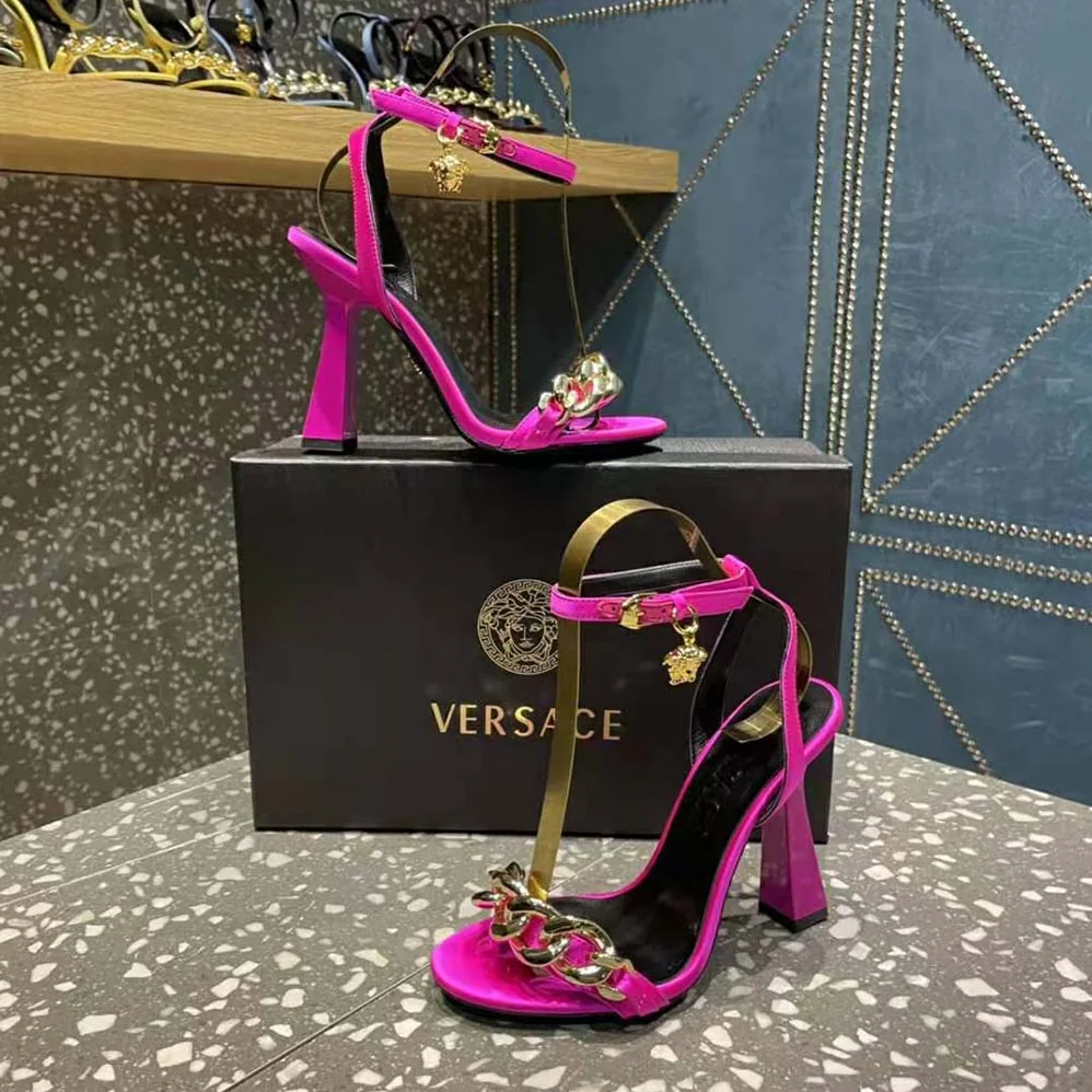 Versace Medusa Chain High Heel Sandals for Women in Rose Versace Medusa Chain High Heel Sandals for Women in Rose