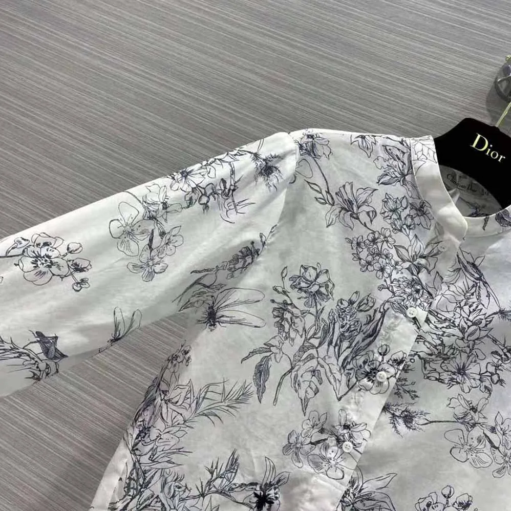 Dior Long Blouse Navy Blue Cotton Voile with Toile de Jouy Flowers Motif for Women