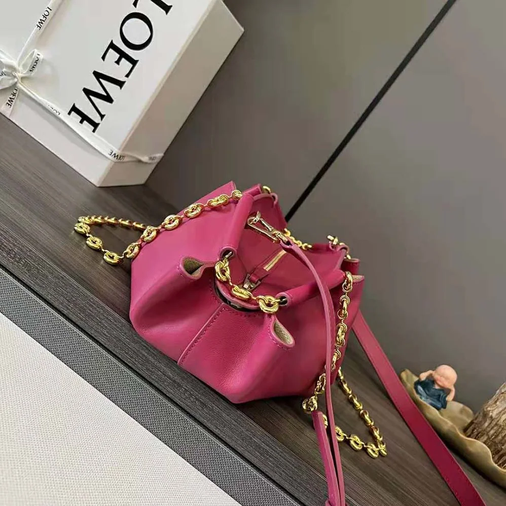 Loewe Small Paseo Bag in Shiny Nappa Calfskin with Chain for Women in Rose Loewe Small Paseo Bag in Shiny Nappa Calfskin with Chain for Women in Rose
