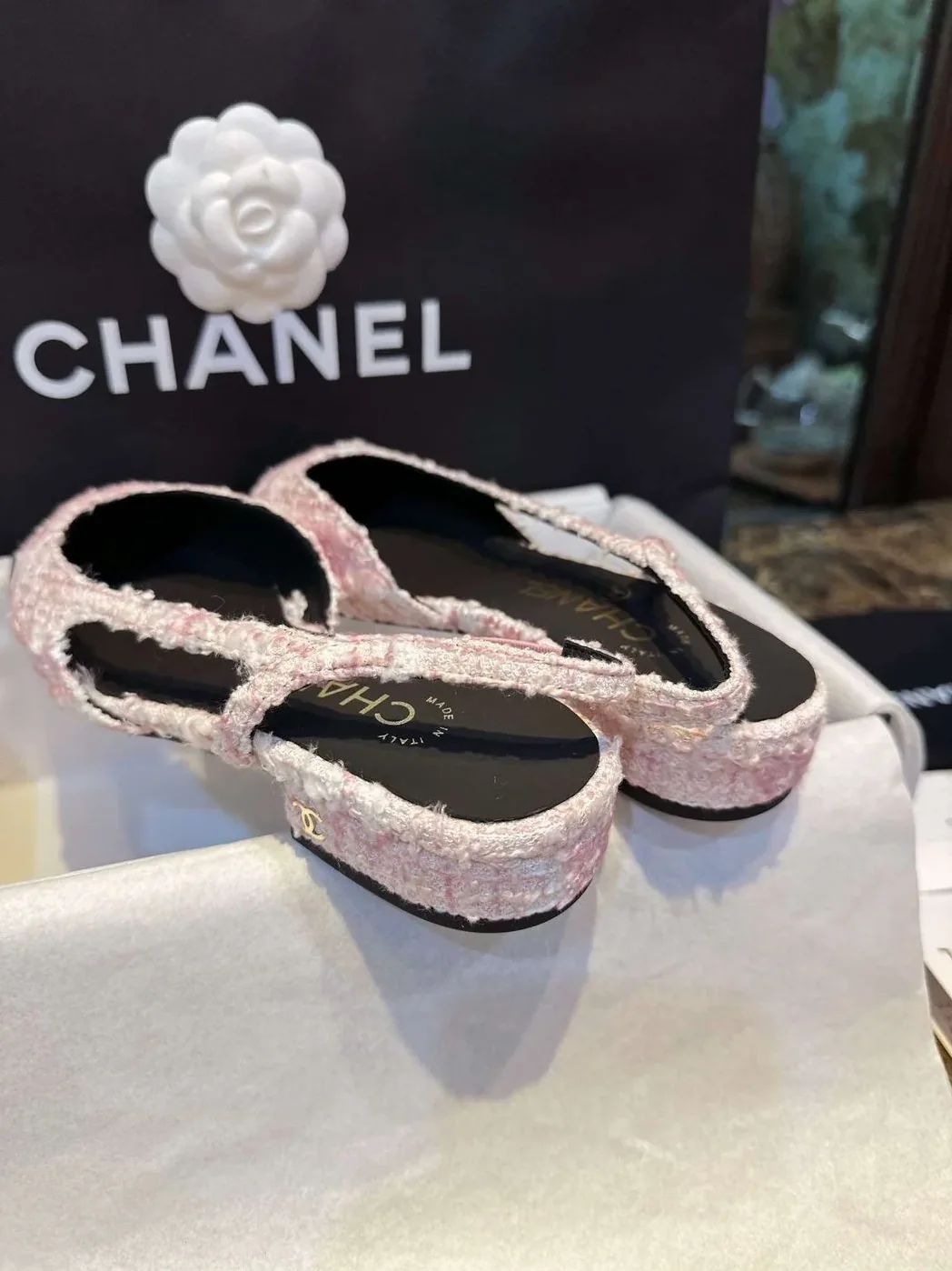 Chanel Sling Back Tweed Sandals Pink