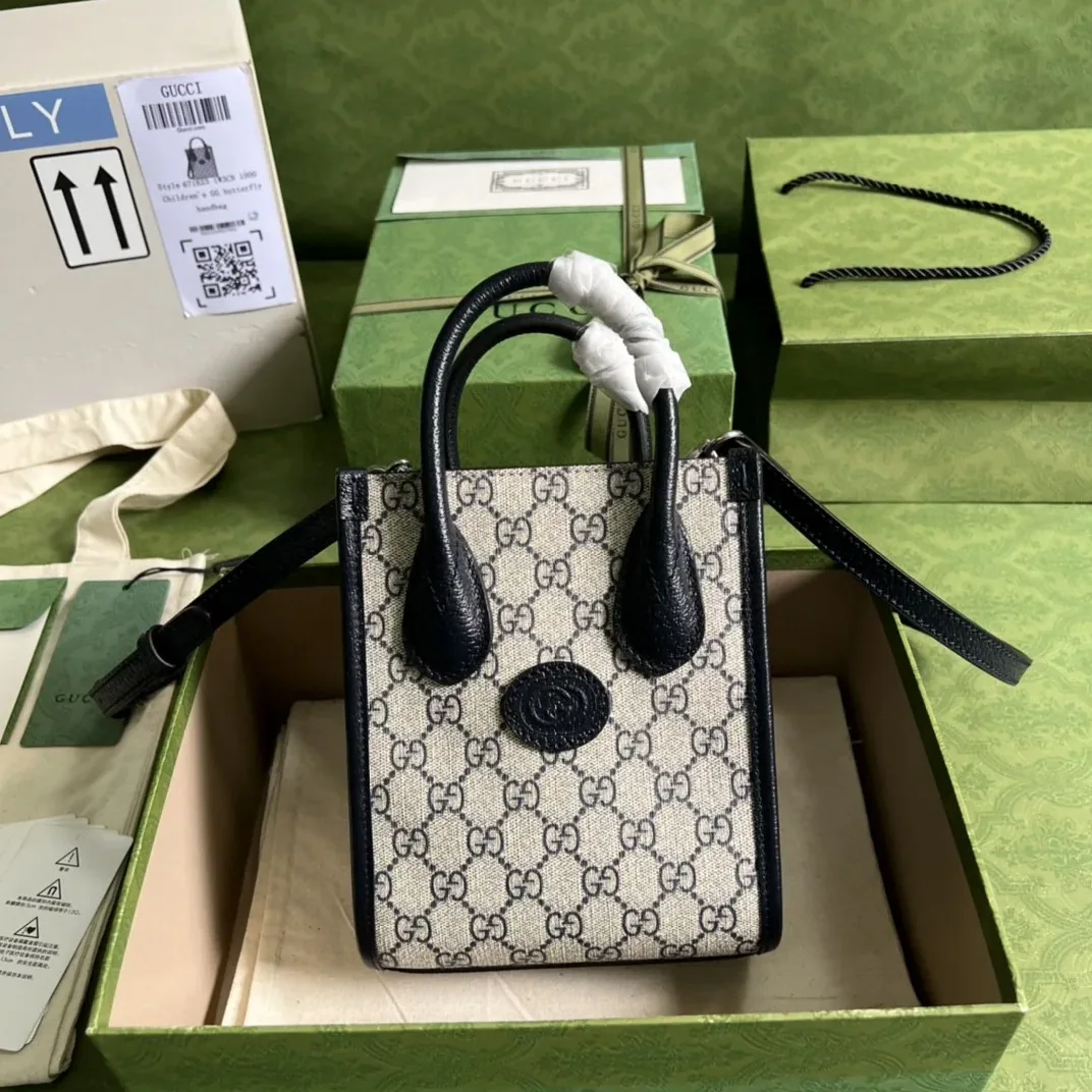 Gucci Mini Tote Bag With Interlocking G Beige And Blue GG Supreme Canvas /