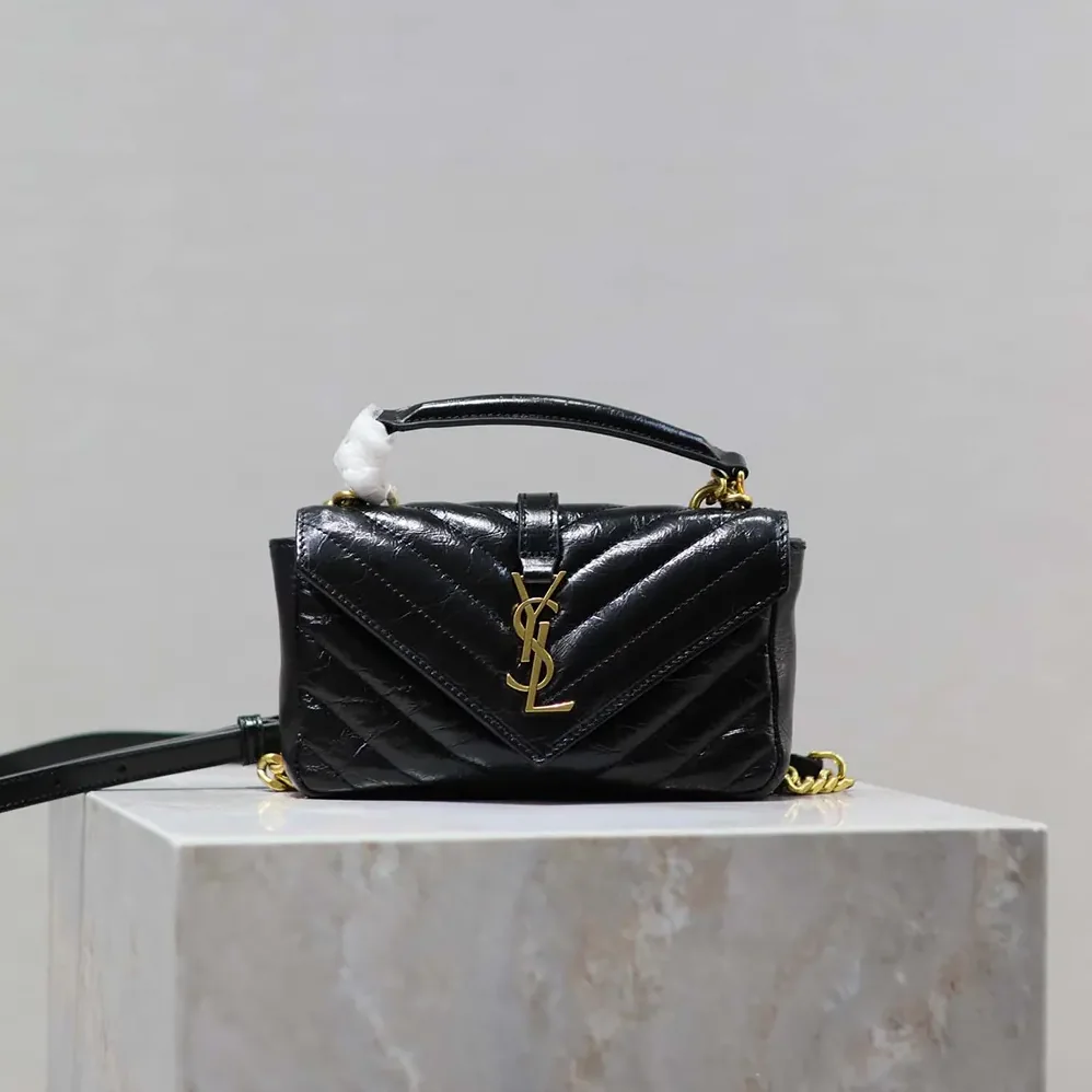 Saint Laurent YSL College Mini Chain Bag in Shiny Crackled Leather for Women in Black Saint Laurent YSL College Mini Chain Bag in Shiny Crackled Leather for Women in Black