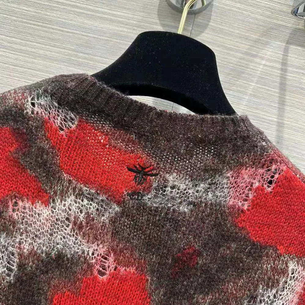 Dior Sweater Red Multicolor Technical Cashmere Mohair and Wool Knit with Dior Roses Motif for Men Dior Sweater Red Multicolor Technical Cashmere Mohair and Wool Knit with Dior Roses Motif for Men