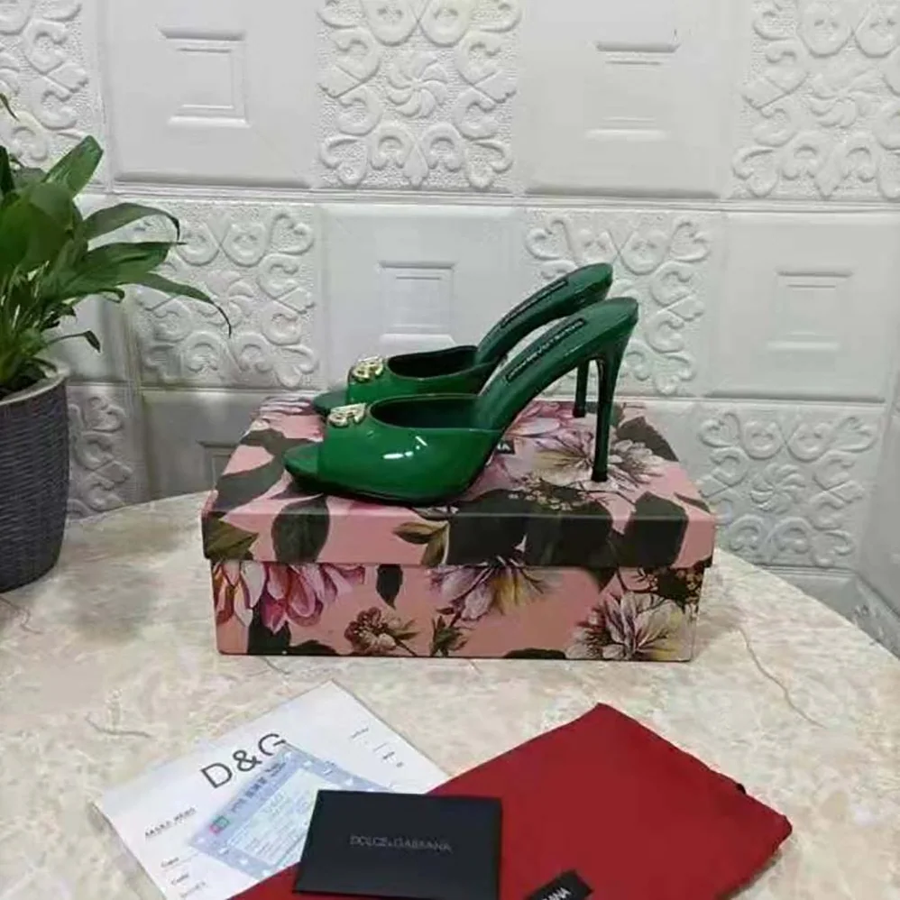 Dolce Gabbana D&G Patent Leather Mules with DG Logo for Women in Green
