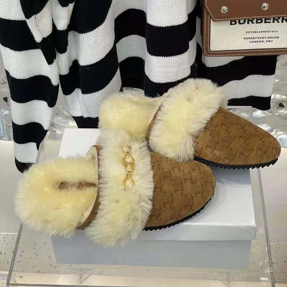Celine Fur Slides Triomphe Closed Slipper in Suede Calfskin and Shearling for Women Celine Fur Slides Triomphe Closed Slipper in Suede Calfskin and Shearling for Women