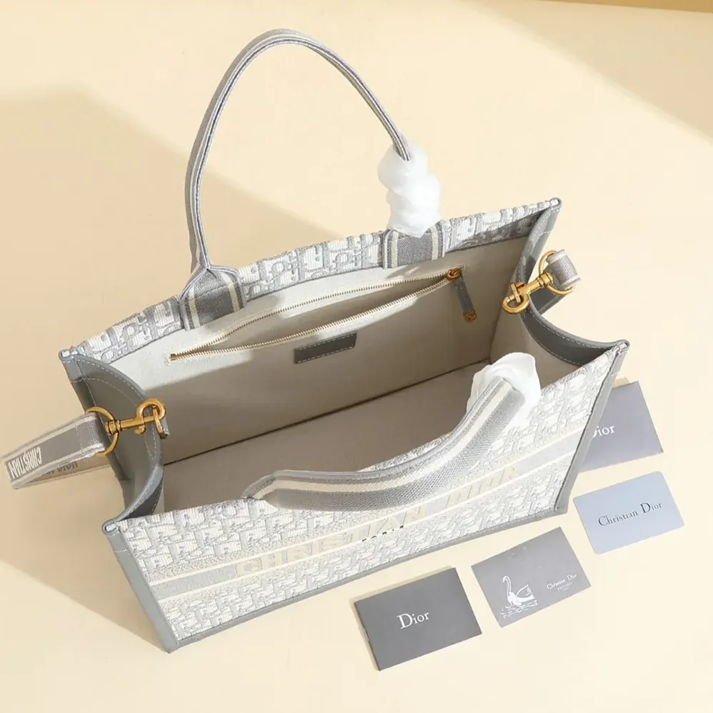 Dior Medium Dior Book Tote Gray Dior Oblique Embroidery and Calfskin for Women