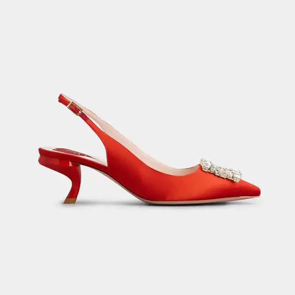 Roger Vivier Virgule Strass Buckle Slingback Pumps in Satin for Women in Red Roger Vivier Virgule Strass Buckle Slingback Pumps in Satin for Women in Red