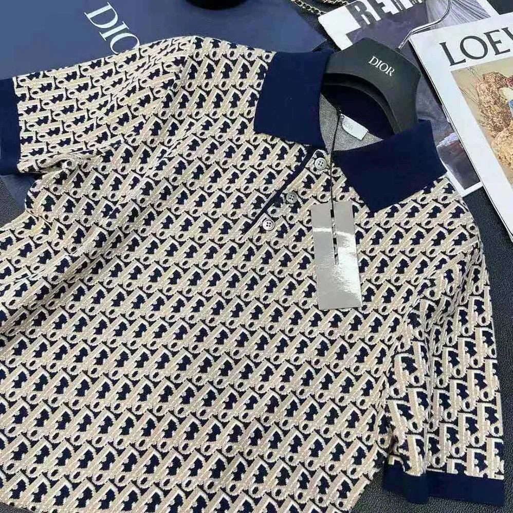 Dior Oblique Polo Shirt Blue Cotton Jacquard for Men