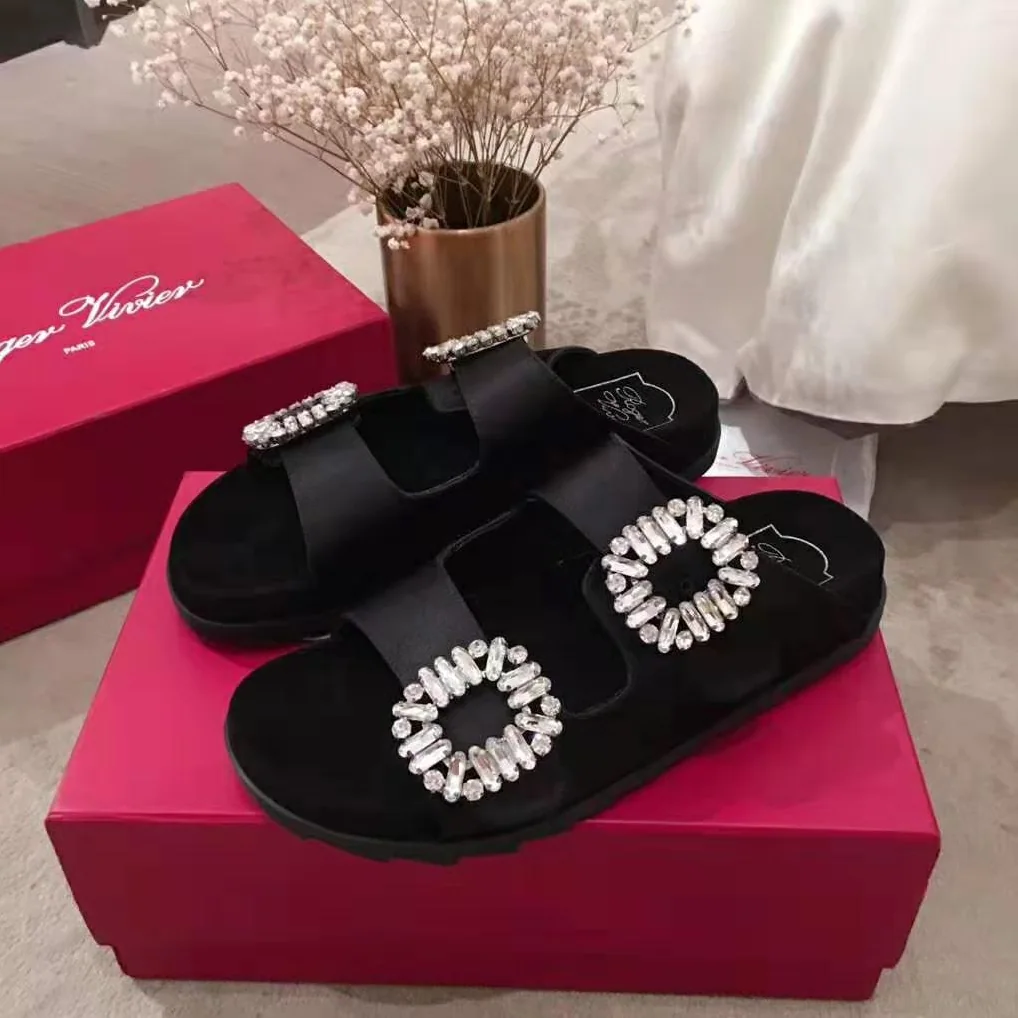 Roger Vivier Slidy Viv' Strass Buckle Sandals Silk Satin for Women in Black Roger Vivier Slidy Viv' Strass Buckle Sandals Silk Satin for Women in Black