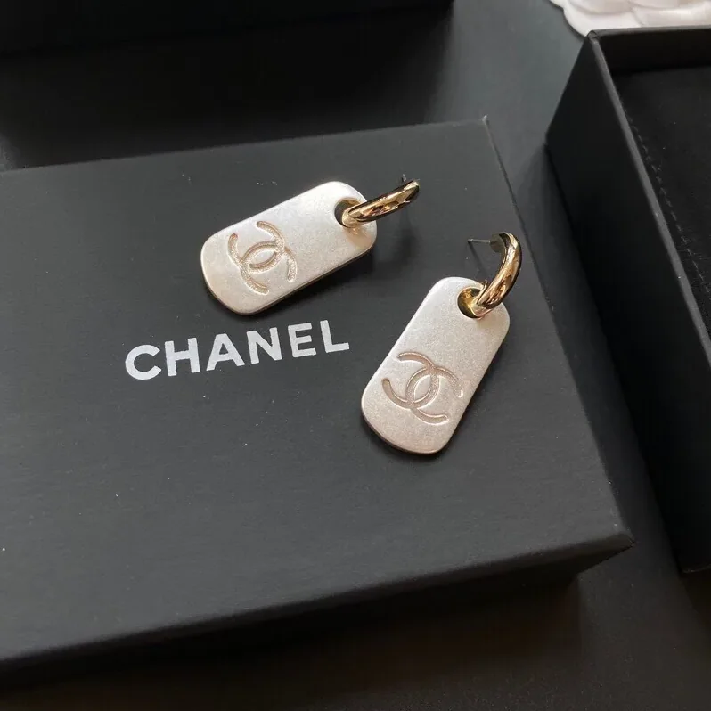 Chanel Dangling Big Tag Earrings Gold Tone