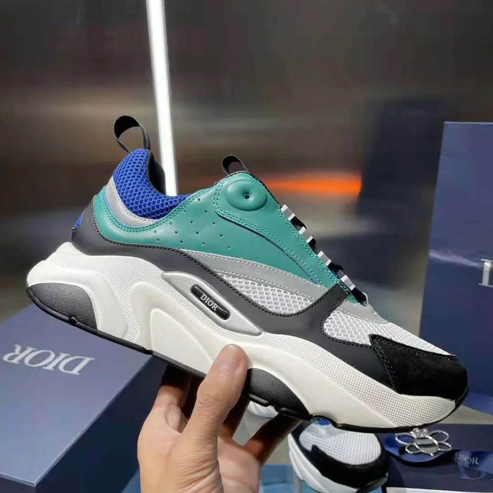 Dior B22 Sneaker White and Blue Technical Mesh with Deep Green and Black Smooth Calfskin for Men