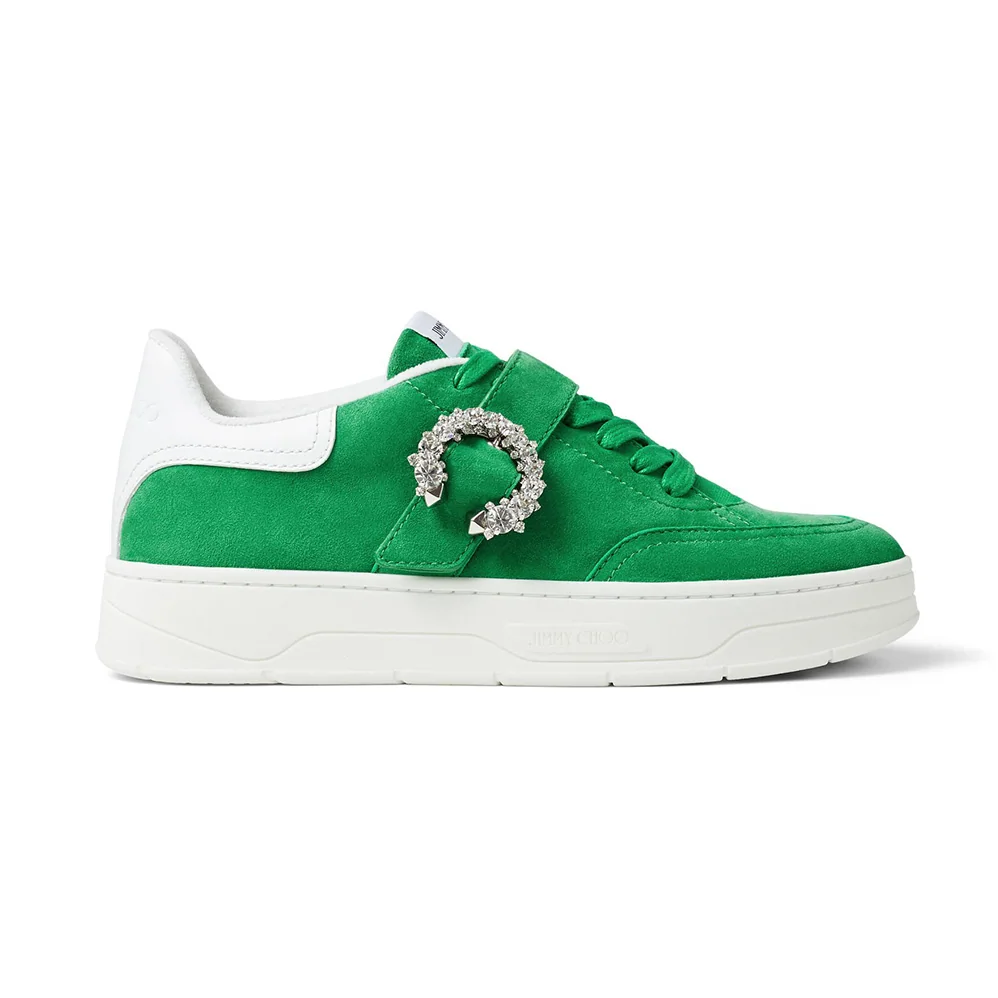Jimmy Choo Osaka Lace up Malachite Suede and White Calf Leather Low Top Trainers for Women Jimmy Choo Osaka Lace up Malachite Suede and White Calf Leather Low Top Trainers for Women