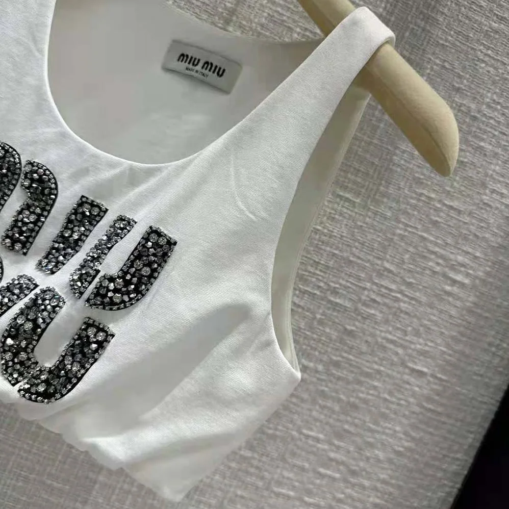 Miu Miu Embroidered Jersey Top with Embroidered Logo for Women Miu Miu Embroidered Jersey Top with Embroidered Logo for Women