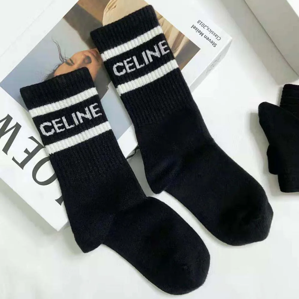 Celine Socks in Striped Cotton for Women in Black