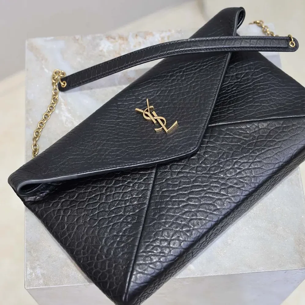 Saint Laurent YSL Cassandre Pouch On Chain In Lambskin Black 29cm for Women