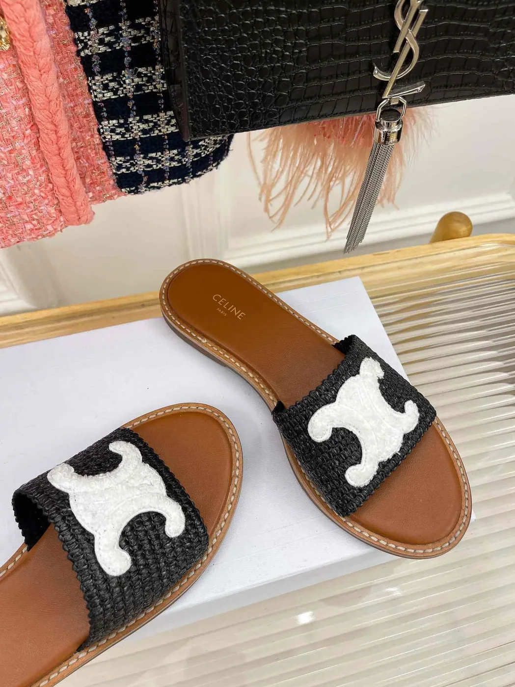 Celine Lympia Flat In Raffia Black