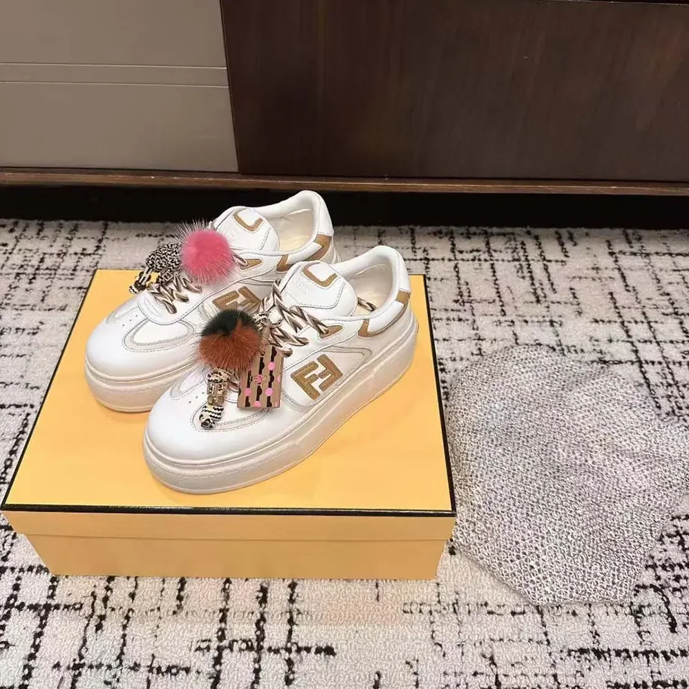 Fendi Match Low Top Platform Shoes In White Leather With Charm for Women