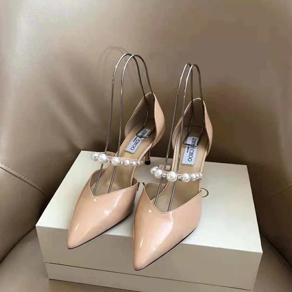 Jimmy Choo Aurelie 85 Ballet Pink Patent Leather Pointed Pumps with Pearl Embellishment for Women