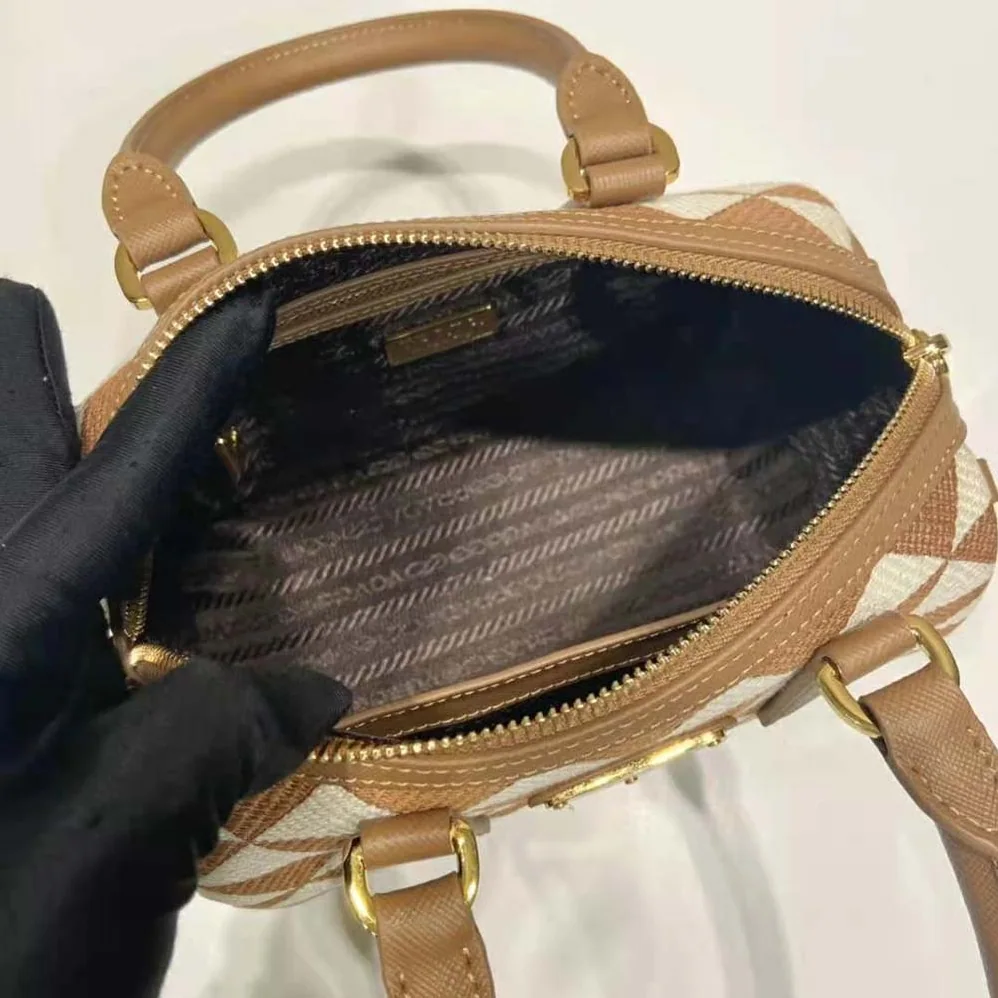 Prada Symbole Embroidered Jacquard Fabric Top-Handle Bag for Women in Brown