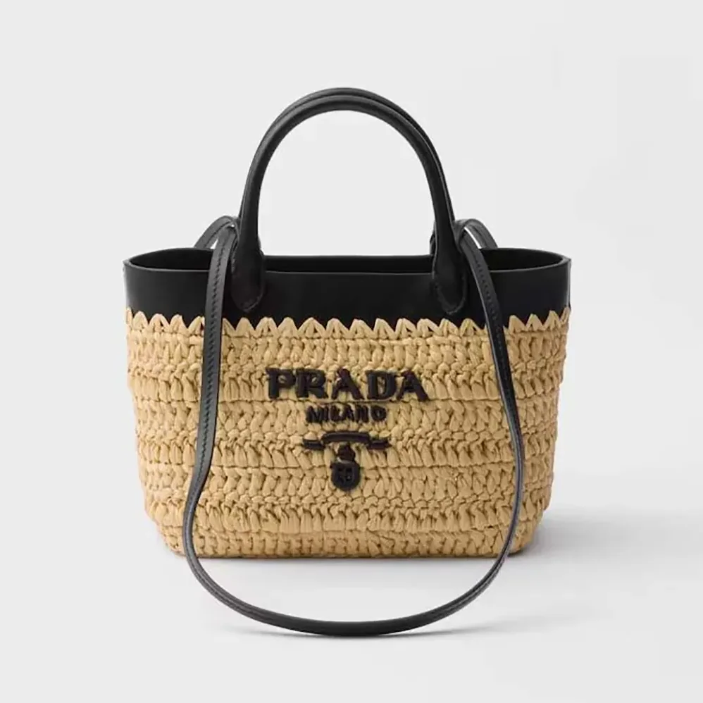 Prada Mini Crochet and Leather Tote Bag for Women Prada Mini Crochet and Leather Tote Bag for Women