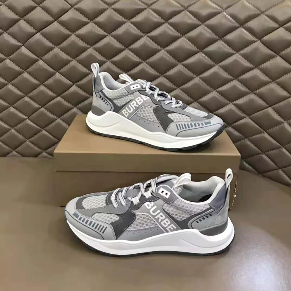 Burberry Logo Print Suede and Mesh Sneakers for Men in Silver
