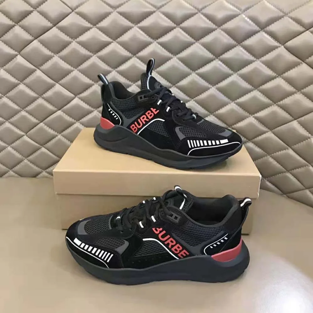 Burberry Logo Print Suede and Mesh Sneakers for Men in Black Burberry Logo Print Suede and Mesh Sneakers for Men in Black