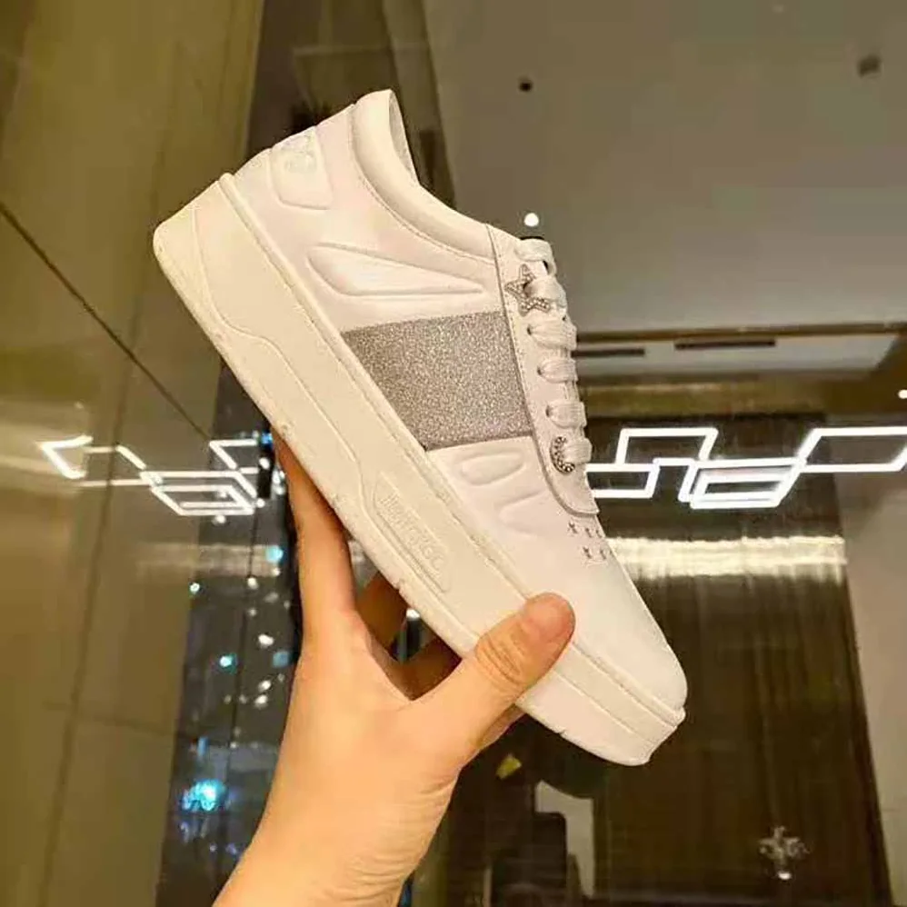 Jimmy Choo Hawaii F White Calf Leather Lace-Up Trainers with Glitter Stripe for Women Jimmy Choo Hawaii F White Calf Leather Lace-Up Trainers with Glitter Stripe for Women