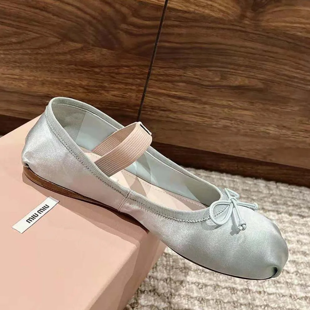 Miu Miu Satin Ballerinas with Knit Logo Label for Women in Blue Miu Miu Satin Ballerinas with Knit Logo Label for Women in Blue