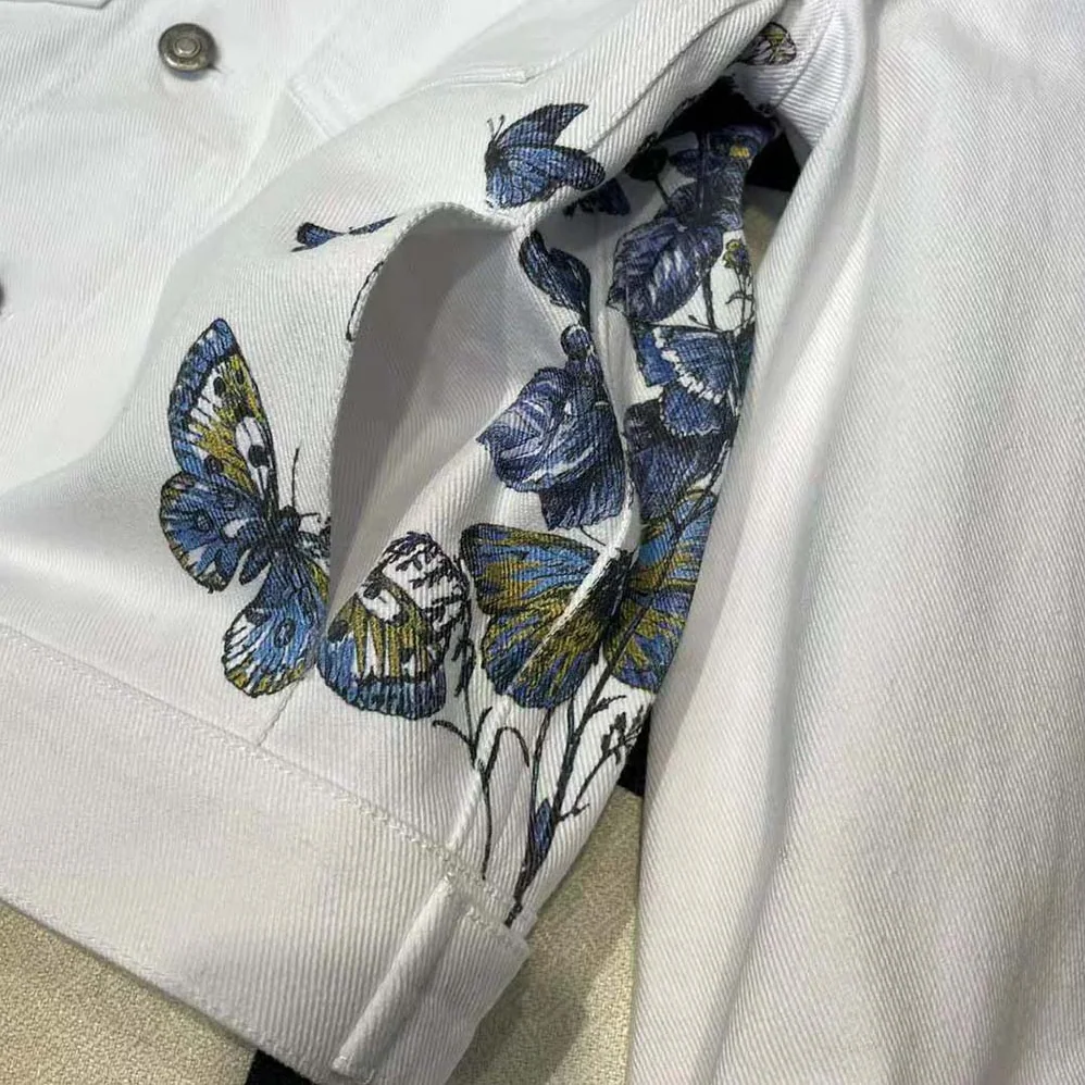 Dior Jacket Ecru Cotton Denim with Multicolor Butterfly Around the World Motif for Women Dior Jacket Ecru Cotton Denim with Multicolor Butterfly Around the World Motif for Women