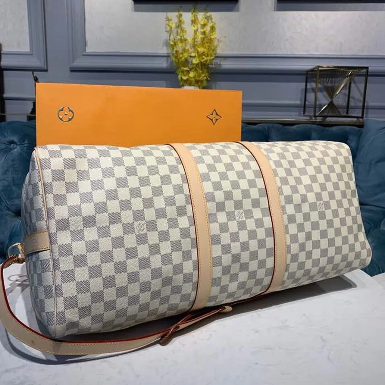 Louis Vuitton Keepall Bandouliere 55 Travel Bag in Damier Azur Gold Hardware Louis Vuitton Keepall Bandouliere 55 Travel Bag in Damier Azur Gold Hardware