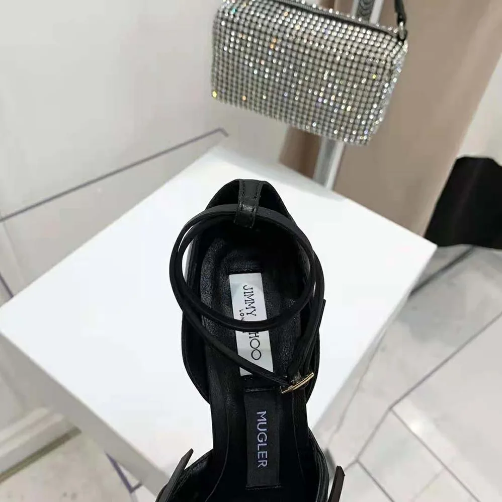 Jimmy Choo Mugler Strap Pump Black Kid Leather and Mesh Pumps with Straps for Women