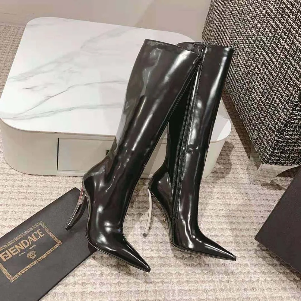 Versace Pin-point Knee-high Boots-105 mm Heel Height for Women in Black Versace Pin-point Knee-high Boots-105 mm Heel Height for Women in Black