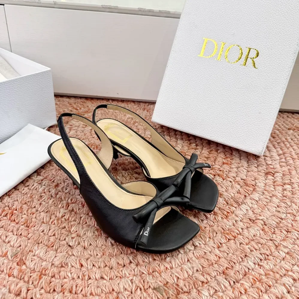 Dior Bow Heeled Slingback Sandal Black Lambskin for Women