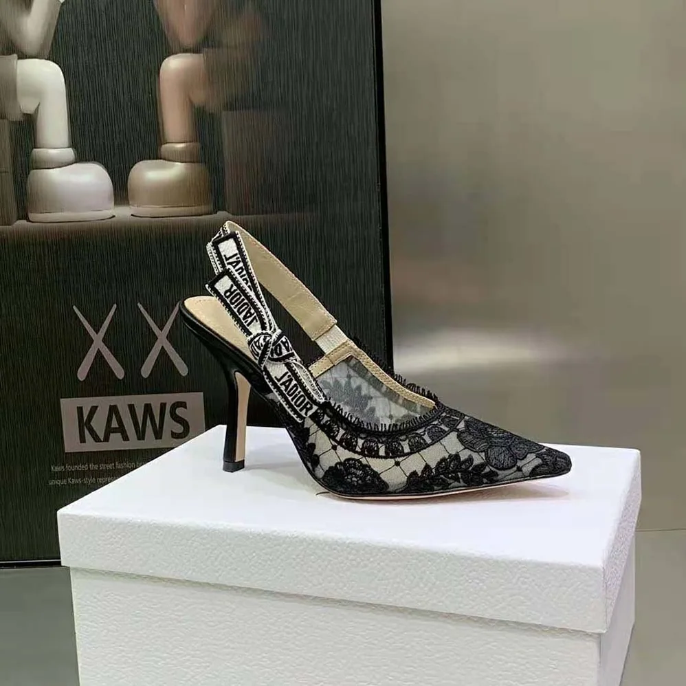 Dior J'Adior Slingback Pump Black Transparent Mesh Embroidered with Dior Roses Motif for Women