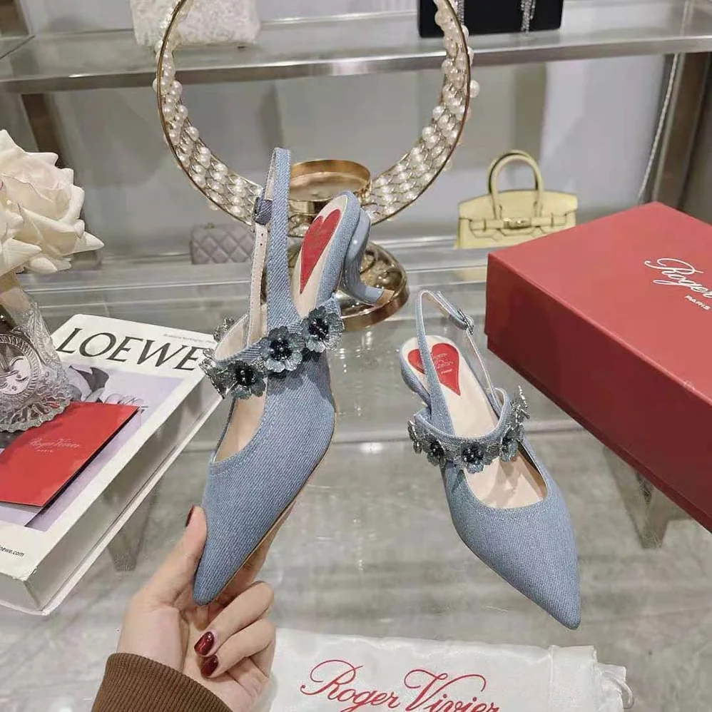 Roger Vivier Virgule Flower Slingback Pumps in Denim for Women