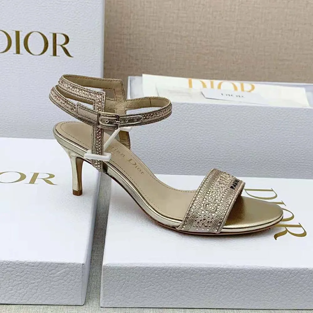 Dior Dway Heeled Sandal Gold-Tone Cotton Embroidered with Metallic Thread and Strass for Women