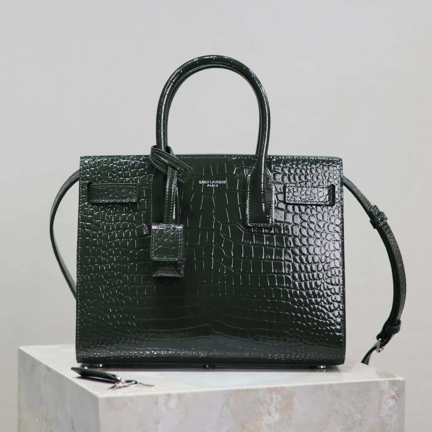 Saint Laurent YSL Sac De Jour in Embossed Crocodile Leather Baby for Women in Dark Green