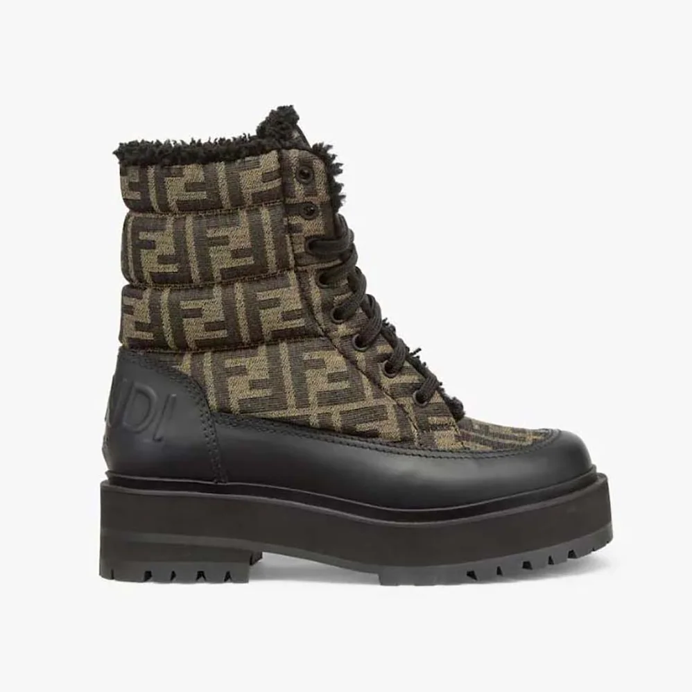 Fendi Signature Biker Boots Black Leather Biker Boots with FF Fabric for Women