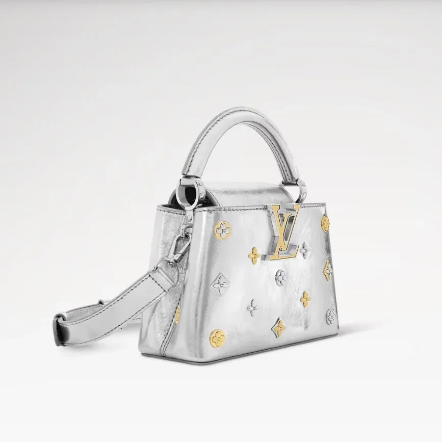 Louis Vuitton Capucines Mini Top Handle Bag / Silver Metallic Silver in Gold Hardware