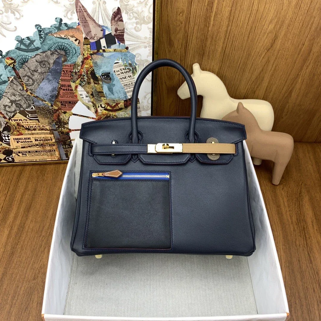 Hermes Birkin Colormatic Top Handle Bag / Navy Blue Gold Toned Hardware