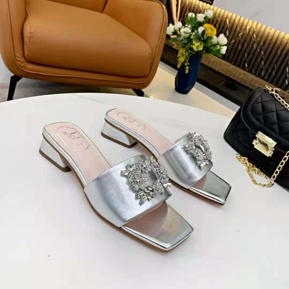 Roger Vivier RV Bouquet Strass Buckle Mules in Soft Leather for Women Roger Vivier RV Bouquet Strass Buckle Mules in Soft Leather for Women