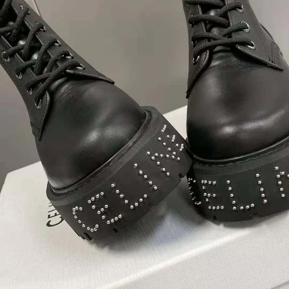 Celine Lace-up Boot with Studded Outsole Celine Bulky in Shiny Bull for Women in Black Celine Lace-up Boot with Studded Outsole Celine Bulky in Shiny Bull for Women in Black