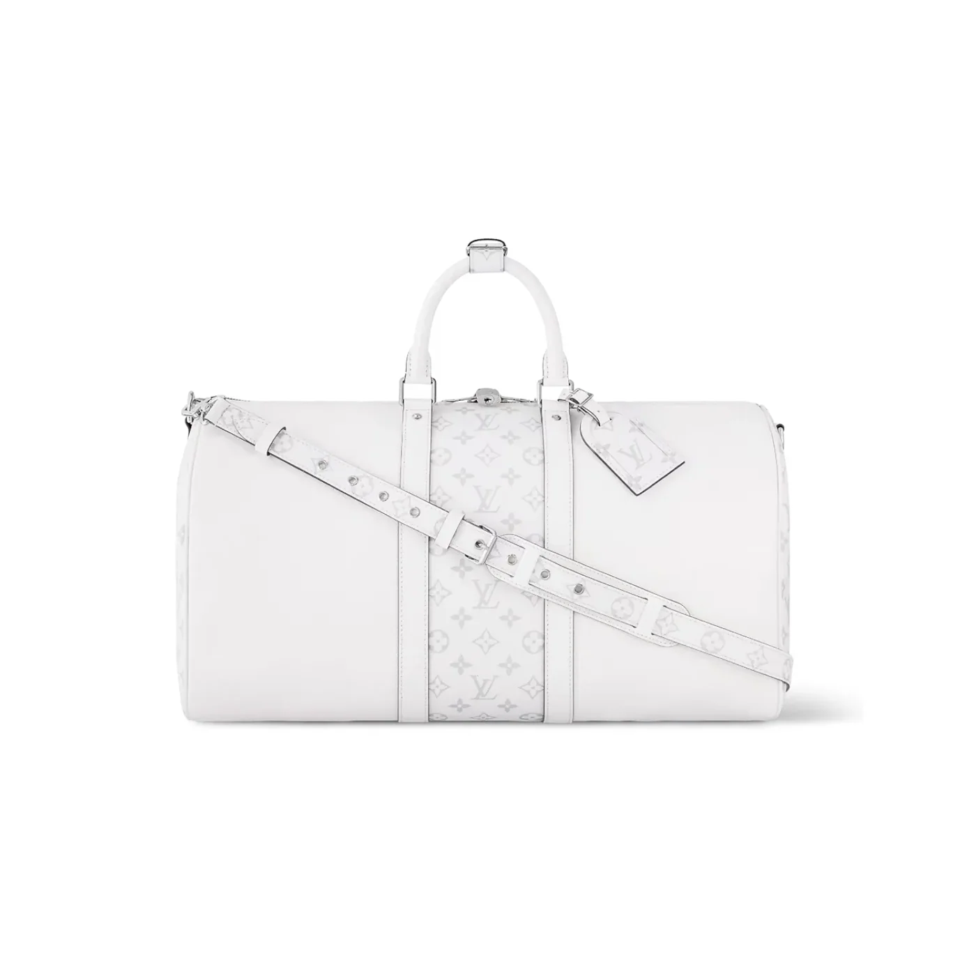 Louis Vuitton Keepall Bandouliere 50 Travel Bag in White Black Hardware Louis Vuitton Keepall Bandouliere 50 Travel Bag in White Black Hardware