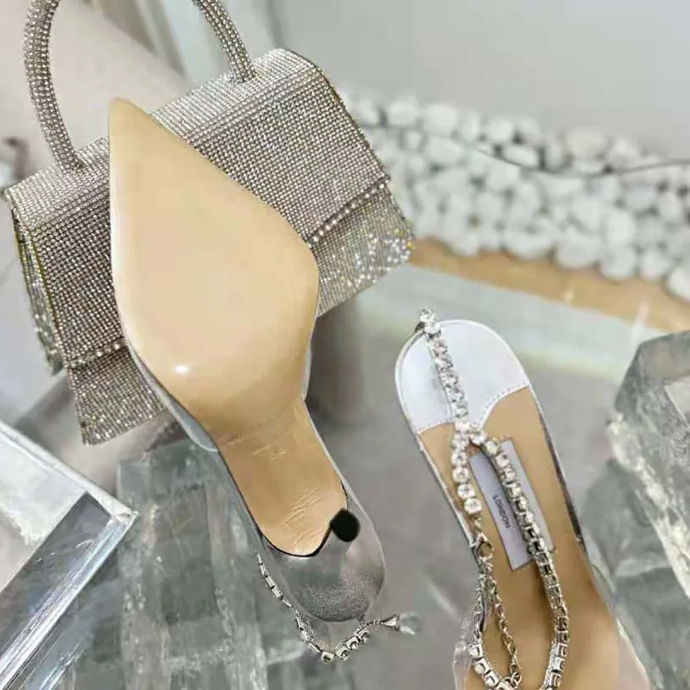Jimmy Choo Saeda 100 Silver Glitter Plexi Pumps with Crystal Embellishment for Women