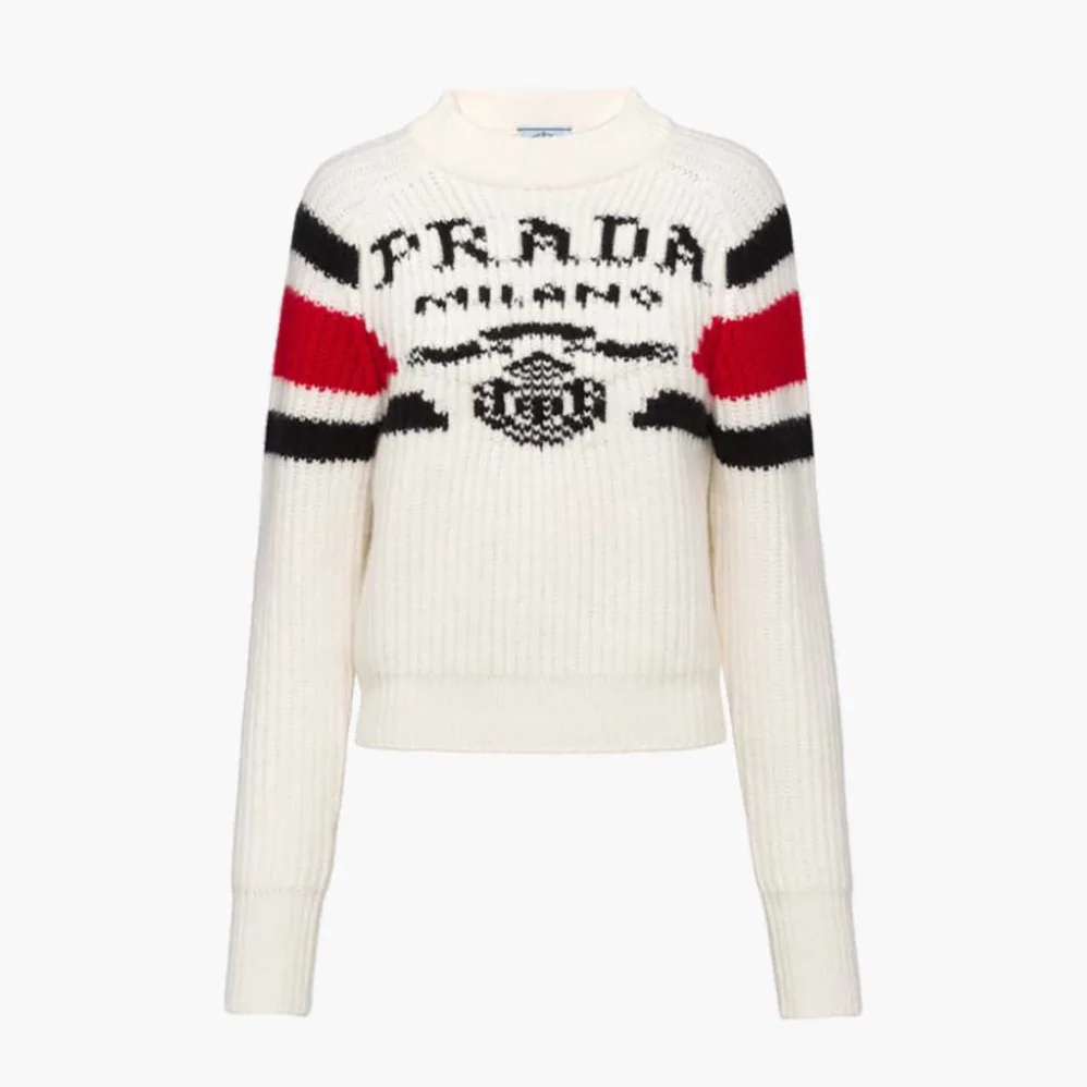 Prada Cashmere Ribbed Knit Sweater with Sleek for Women in White