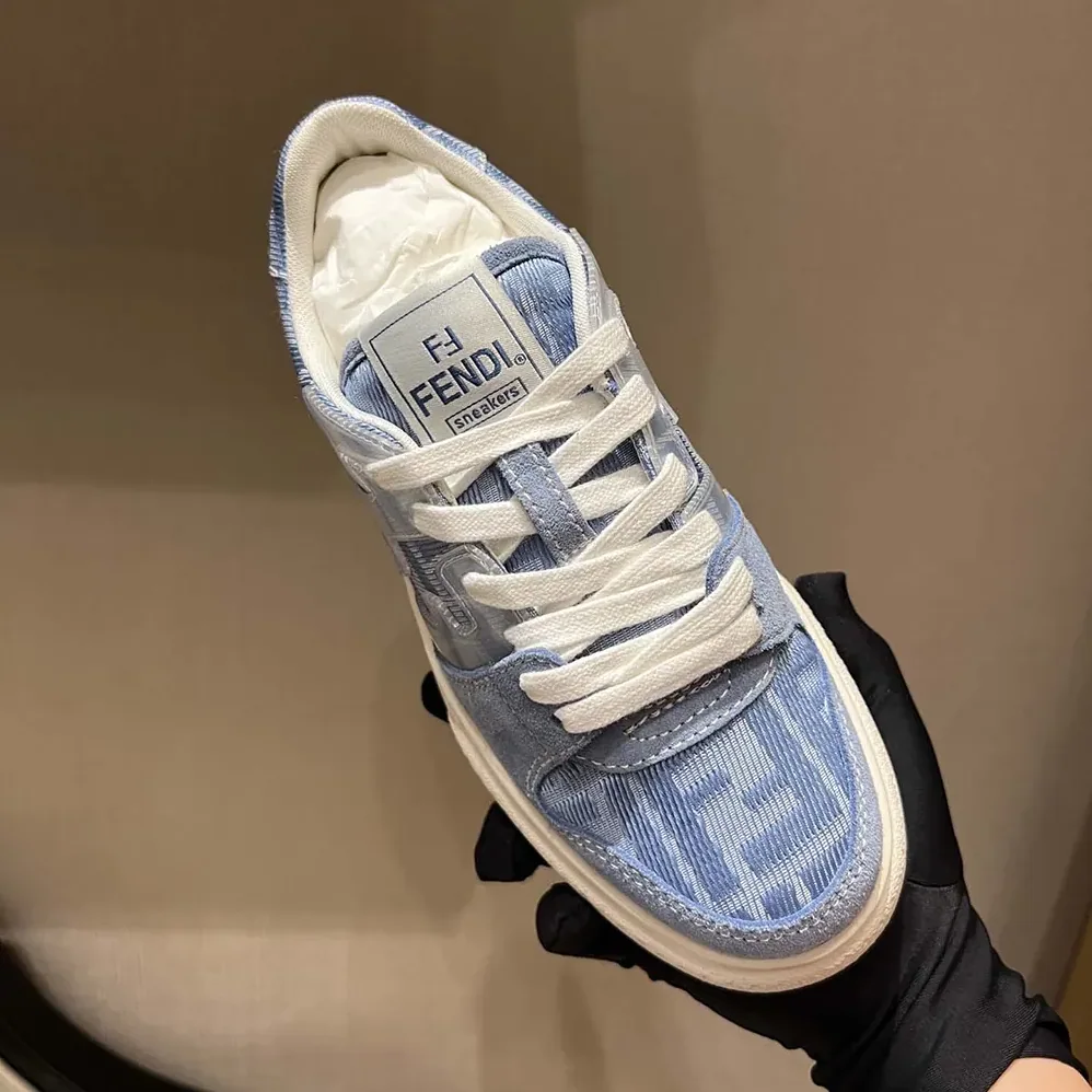 Fendi Match Denim-effect FF Jacquard and Light Blue Suede Platform Low Tops for Women