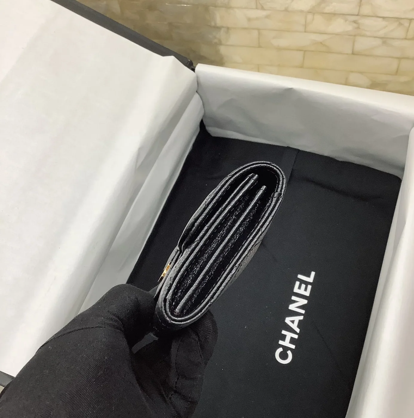 Chanel CO-CO Classic Card Holder Black Gold Hardware /