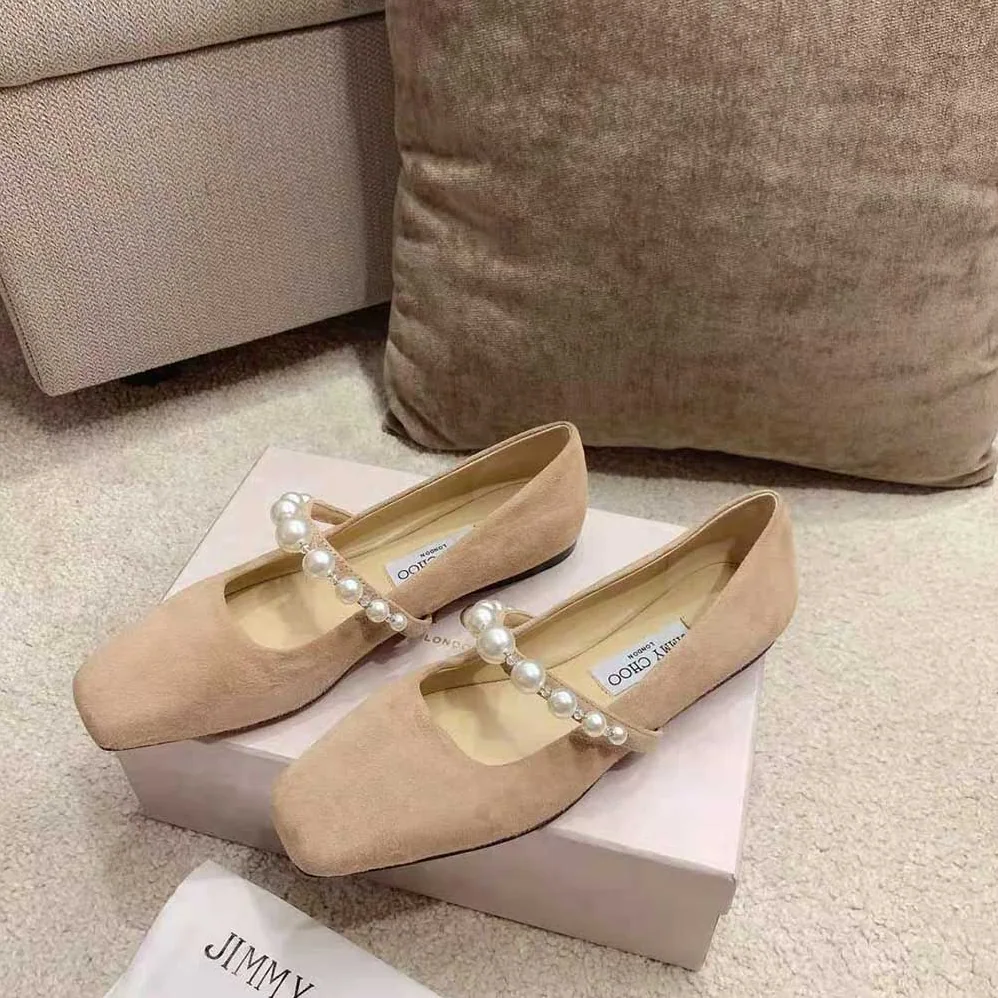 Jimmy Choo ADE Flat Ballet Pink Suede Flats with Pearl Embellishment for Women